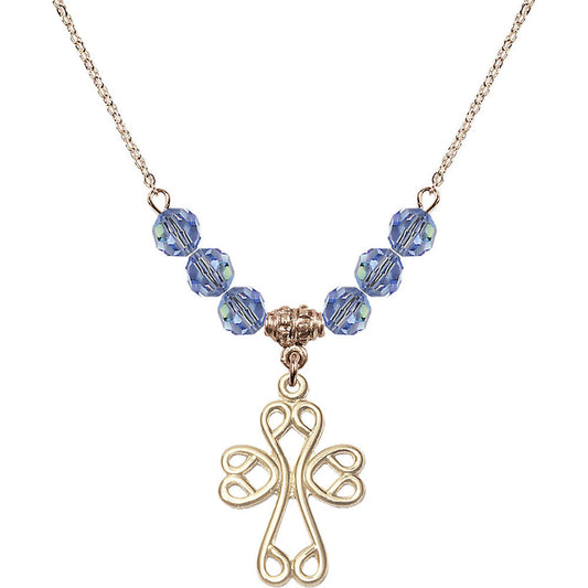 14kt Gold Filled Scroll Cross Birthstone Necklace with Light Sapphire Beads - 5998
