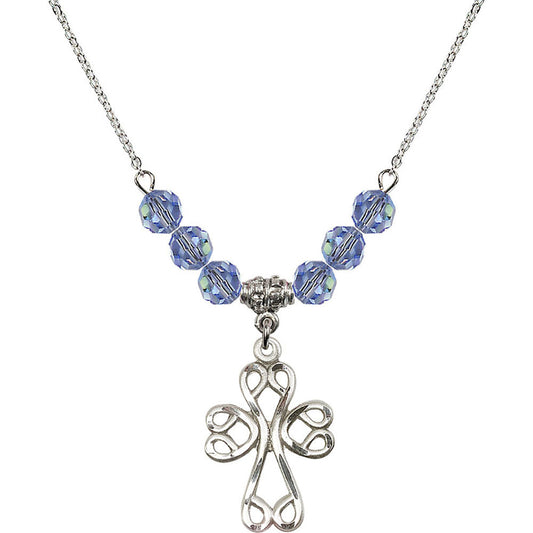 Sterling Silver Scroll Cross Birthstone Necklace with Light Sapphire Beads - 5998