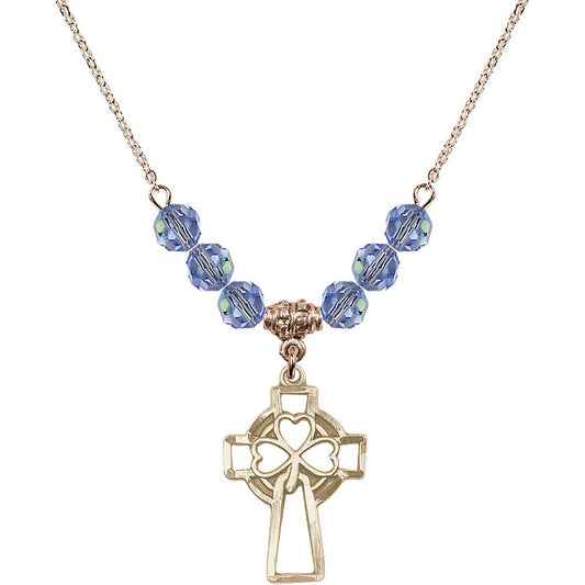 14kt Gold Filled Shamrock Cross Birthstone Necklace with Light Sapphire Beads - 5999