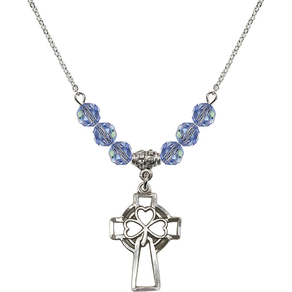 Sterling Silver Shamrock Cross Birthstone Necklace with Light Sapphire Beads - 5999
