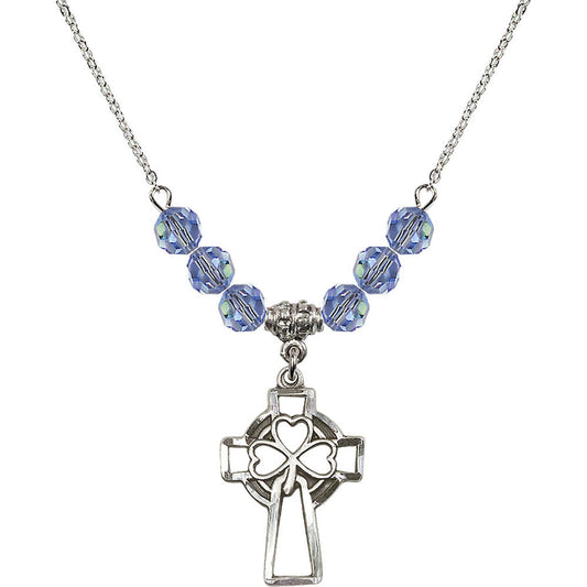 Sterling Silver Shamrock Cross Birthstone Necklace with Light Sapphire Beads - 5999