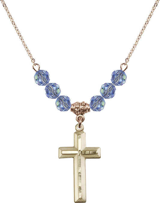 14kt Gold Filled Cross Birthstone Necklace with Light Sapphire Beads - 6000