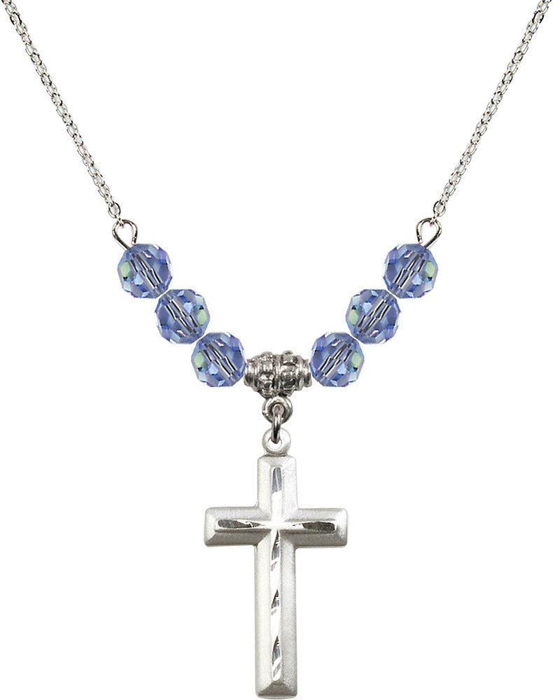 Sterling Silver Cross Birthstone Necklace with Light Sapphire Beads - 6000