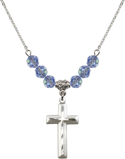 Sterling Silver Cross Birthstone Necklace with Light Sapphire Beads - 6000