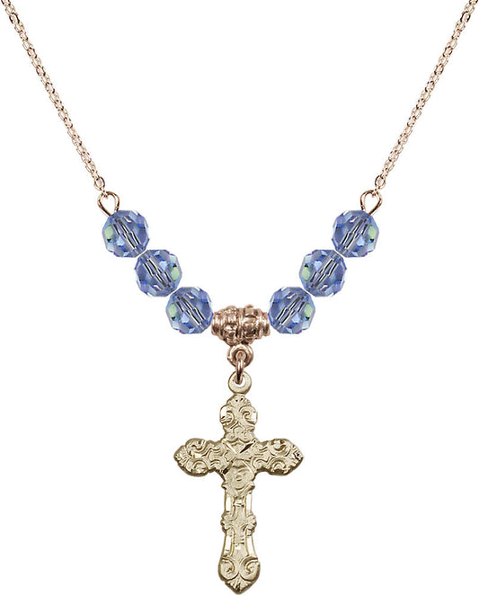 14kt Gold Filled Cross Birthstone Necklace with Light Sapphire Beads - 6001