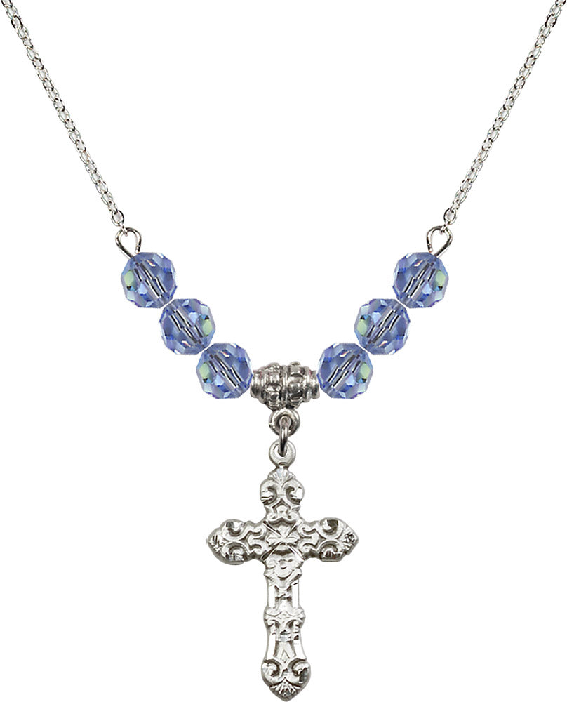 Sterling Silver Cross Birthstone Necklace with Light Sapphire Beads - 6001