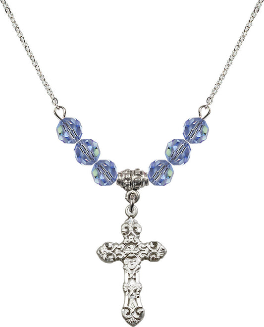 Sterling Silver Cross Birthstone Necklace with Light Sapphire Beads - 6001
