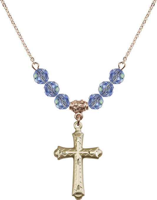 14kt Gold Filled Cross Birthstone Necklace with Light Sapphire Beads - 6007