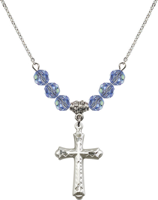 Sterling Silver Cross Birthstone Necklace with Light Sapphire Beads - 6007
