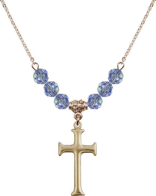 14kt Gold Filled Cross Birthstone Necklace with Light Sapphire Beads - 6008