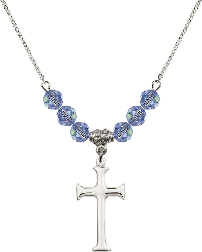 Sterling Silver Cross Birthstone Necklace with Light Sapphire Beads - 6008