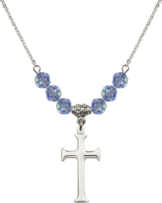 Sterling Silver Cross Birthstone Necklace with Light Sapphire Beads - 6008