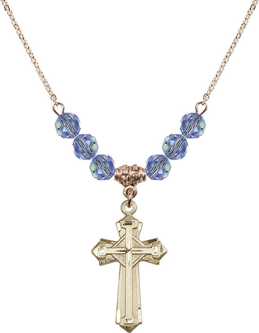 14kt Gold Filled Cross Birthstone Necklace with Light Sapphire Beads - 6012