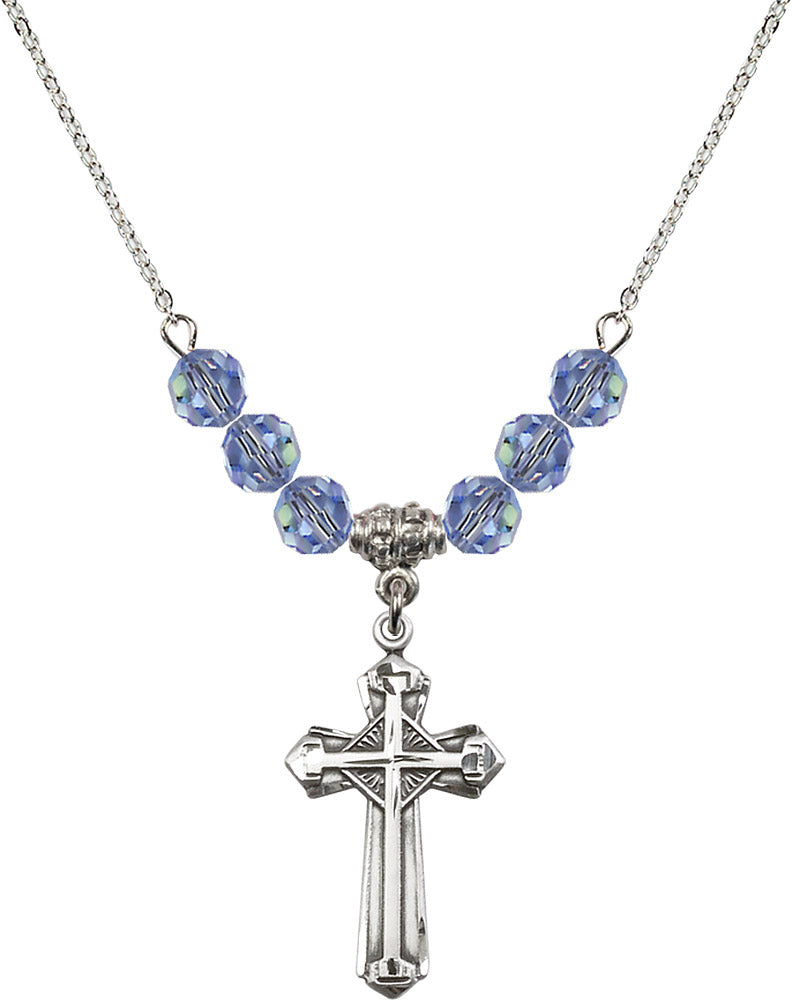 Sterling Silver Cross Birthstone Necklace with Light Sapphire Beads - 6012