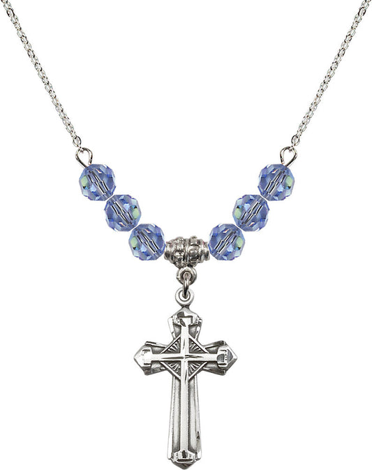 Sterling Silver Cross Birthstone Necklace with Light Sapphire Beads - 6012