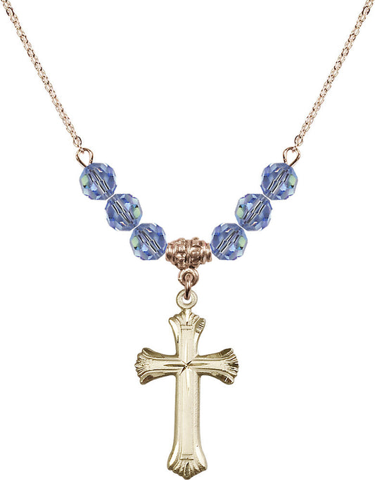 14kt Gold Filled Cross Birthstone Necklace with Light Sapphire Beads - 6013