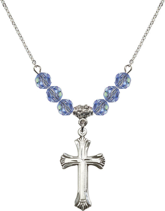 Sterling Silver Cross Birthstone Necklace with Light Sapphire Beads - 6013