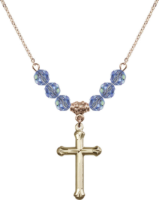 14kt Gold Filled Cross Birthstone Necklace with Light Sapphire Beads - 6022