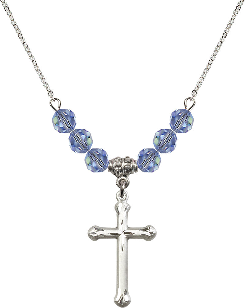 Sterling Silver Cross Birthstone Necklace with Light Sapphire Beads - 6022