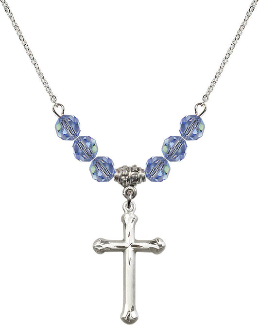 Sterling Silver Cross Birthstone Necklace with Light Sapphire Beads - 6022