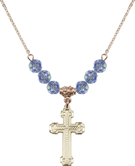 14kt Gold Filled Cross Birthstone Necklace with Light Sapphire Beads - 6039
