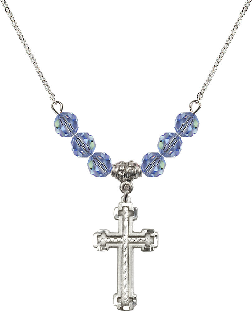 Sterling Silver Cross Birthstone Necklace with Light Sapphire Beads - 6039