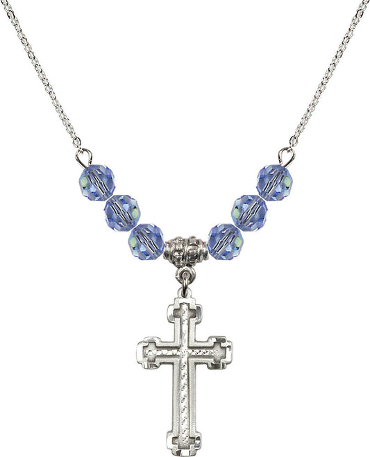 Sterling Silver Cross Birthstone Necklace with Light Sapphire Beads - 6039