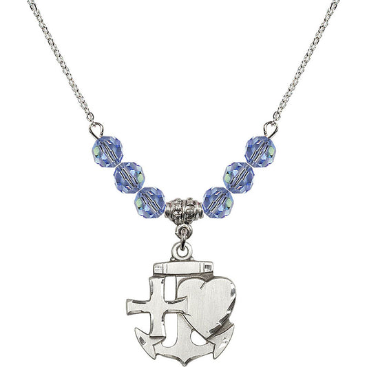 Sterling Silver Faith, Hope & Charity Birthstone Necklace with Light Sapphire Beads - 6045