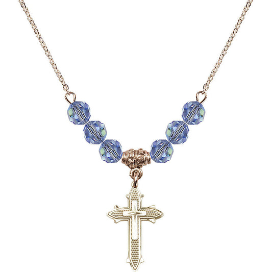 14kt Gold Filled Cross on Cross Birthstone Necklace with Light Sapphire Beads - 6058