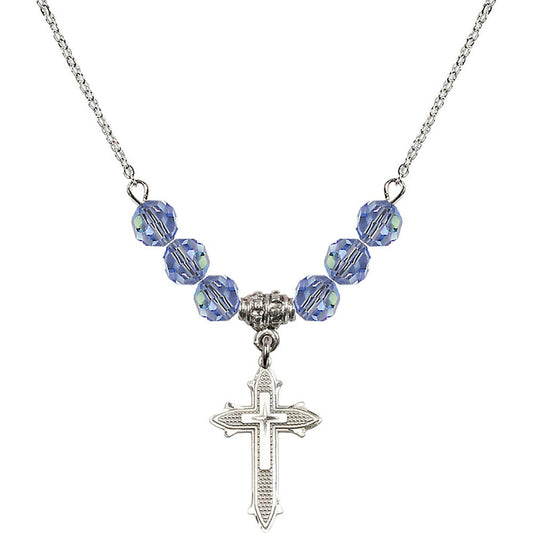 Sterling Silver Cross on Cross Birthstone Necklace with Light Sapphire Beads - 6058
