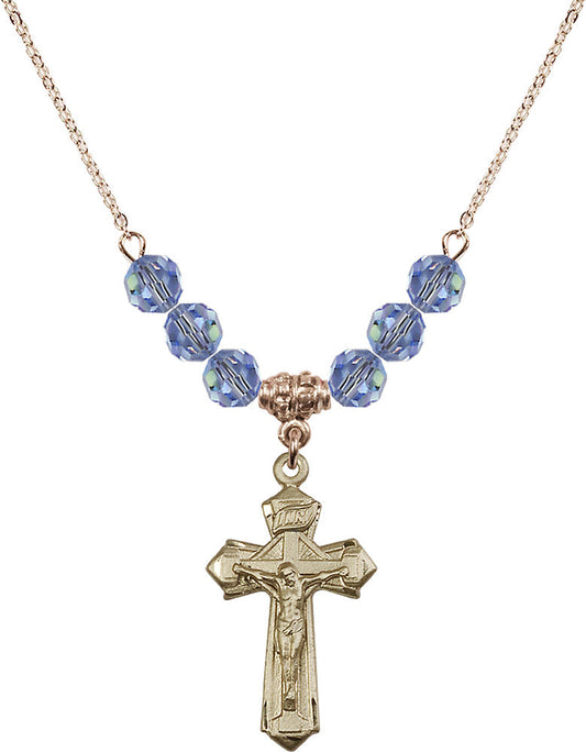 14kt Gold Filled Crucifix Birthstone Necklace with Light Sapphire Beads - 6092
