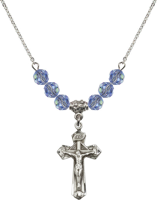 Sterling Silver Crucifix Birthstone Necklace with Light Sapphire Beads - 6092