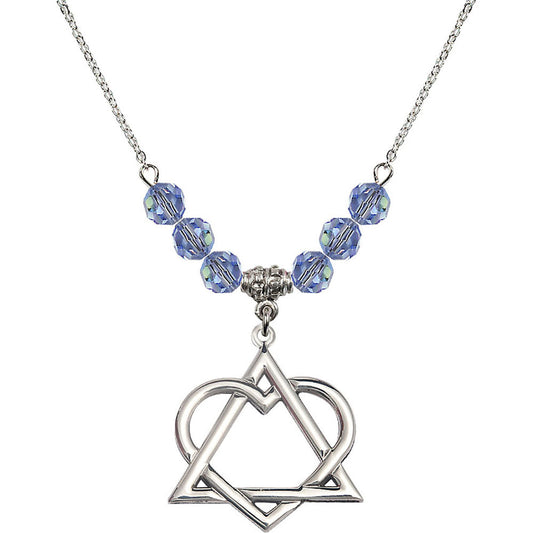 Sterling Silver Adoption Heart Birthstone Necklace with Light Sapphire Beads - 6210