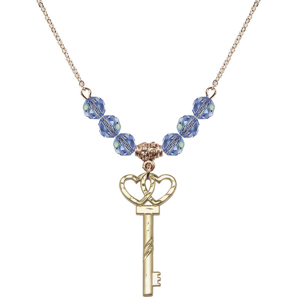 14kt Gold Filled Small Key w/Double Hearts Birthstone Necklace with Light Sapphire Beads - 6213