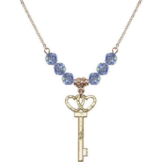 14kt Gold Filled Small Key w/Double Hearts Birthstone Necklace with Light Sapphire Beads - 6213
