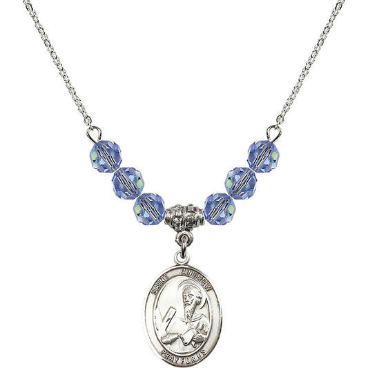 Sterling Silver Saint Andrew the Apostle Birthstone Necklace with Light Sapphire Beads - 8000