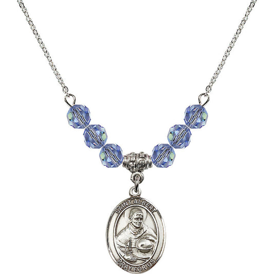 Sterling Silver Saint Albert the Great Birthstone Necklace with Light Sapphire Beads - 8001