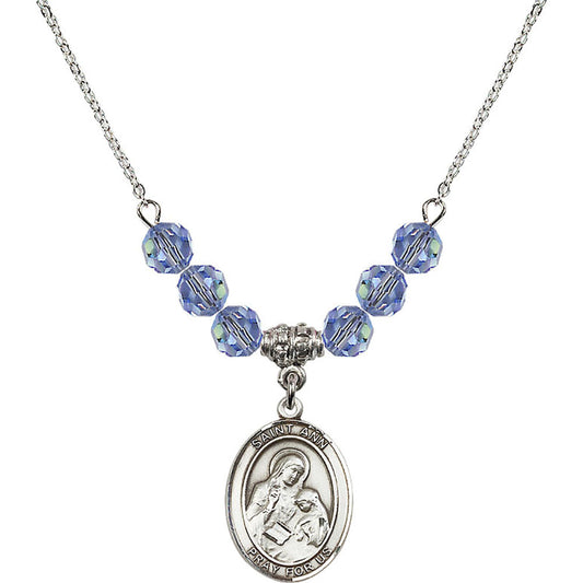 Sterling Silver Saint Ann Birthstone Necklace with Light Sapphire Beads - 8002