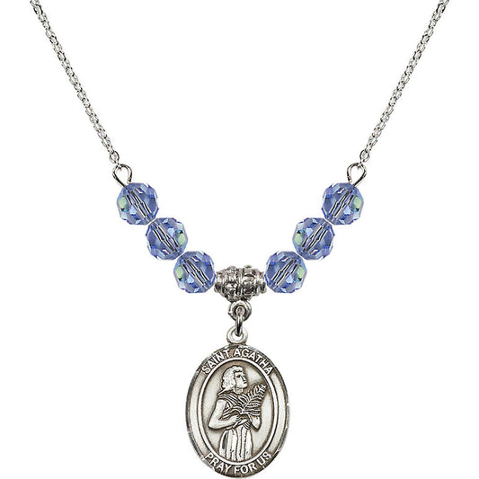 Sterling Silver Saint Agatha Birthstone Necklace with Light Sapphire Beads - 8003