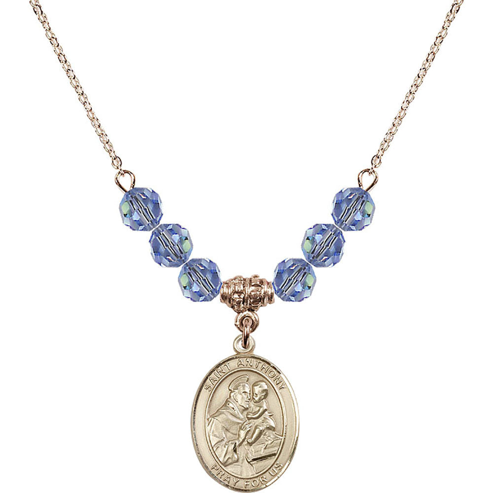 14kt Gold Filled Saint Anthony of Padua Birthstone Necklace with Light Sapphire Beads - 8004