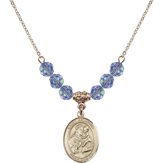 14kt Gold Filled Saint Anthony of Padua Birthstone Necklace with Light Sapphire Beads - 8004