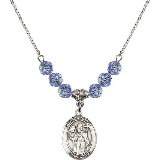 Sterling Silver Saint Boniface Birthstone Necklace with Light Sapphire Beads - 8009