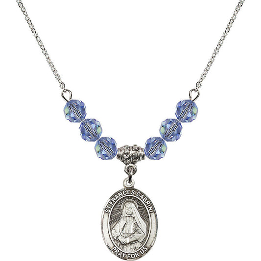 Sterling Silver Saint Frances Cabrini Birthstone Necklace with Light Sapphire Beads - 8011