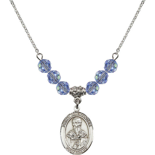 Sterling Silver Saint Alexander Sauli Birthstone Necklace with Light Sapphire Beads - 8012