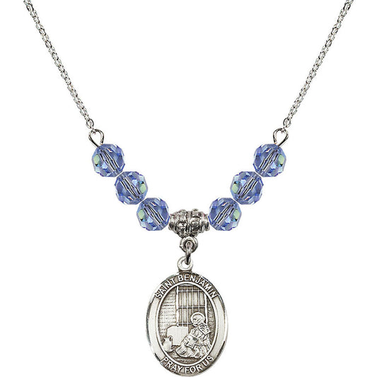 Sterling Silver Saint Benjamin Birthstone Necklace with Light Sapphire Beads - 8013