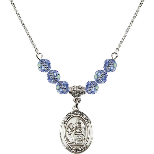 Sterling Silver Saint Catherine of Siena Birthstone Necklace with Light Sapphire Beads - 8014