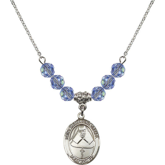 Sterling Silver Saint Katharine Drexel Birthstone Necklace with Light Sapphire Beads - 8015