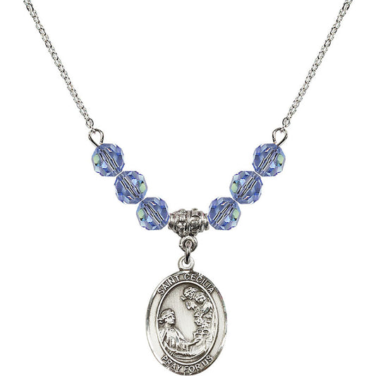 Sterling Silver Saint Cecilia Birthstone Necklace with Light Sapphire Beads - 8016