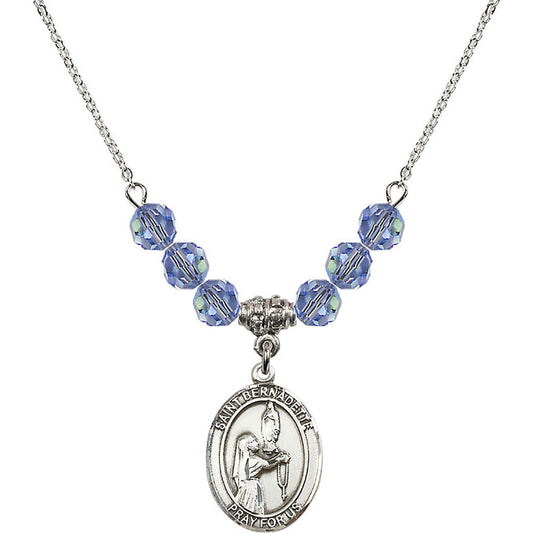 Sterling Silver Saint Bernadette Birthstone Necklace with Light Sapphire Beads - 8017