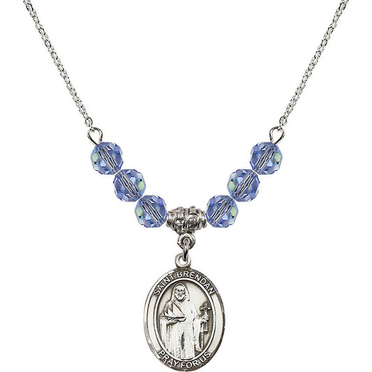 Sterling Silver Saint Brendan the Navigator Birthstone Necklace with Light Sapphire Beads - 8018
